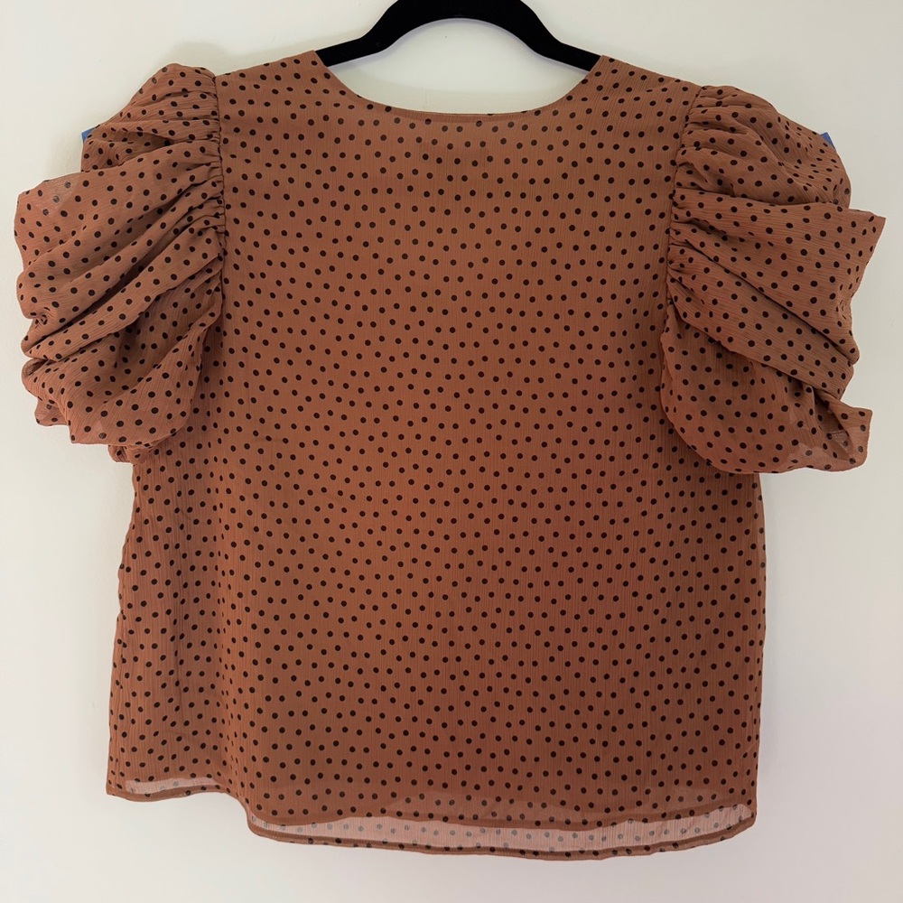 Express Brown Puff Sleeve Polka Dot V Neck Blouse Size Small - Picture 4 of 9